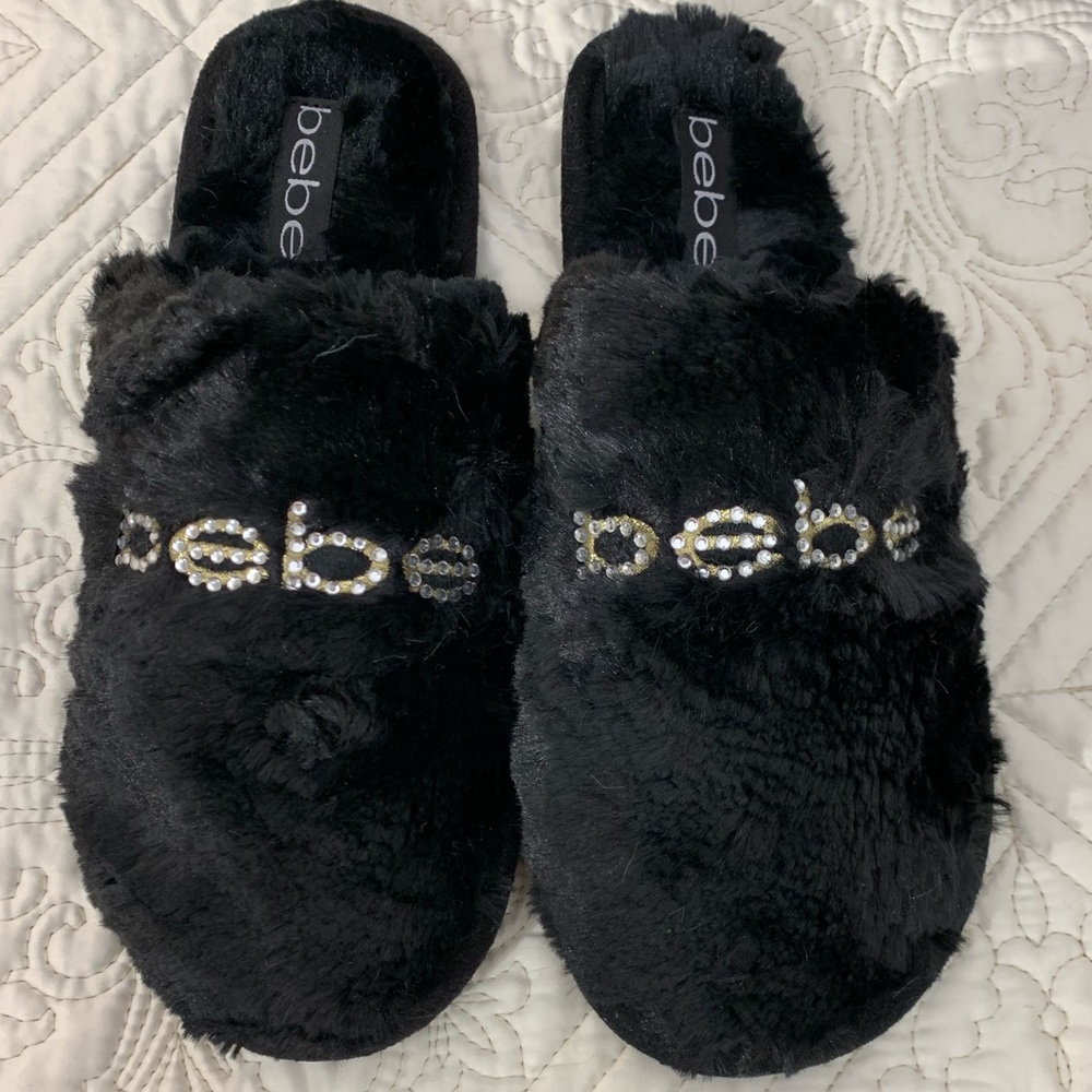 NWB BEBE BLACK FAUX FUR SLIPPERS - Picture 5 of 7